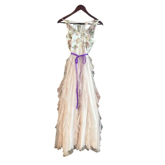 Floral Embroidered Halter Maxi Dress With Ruffled Tulle Skirt & Purple Waist Tie - Picture 8 of 16